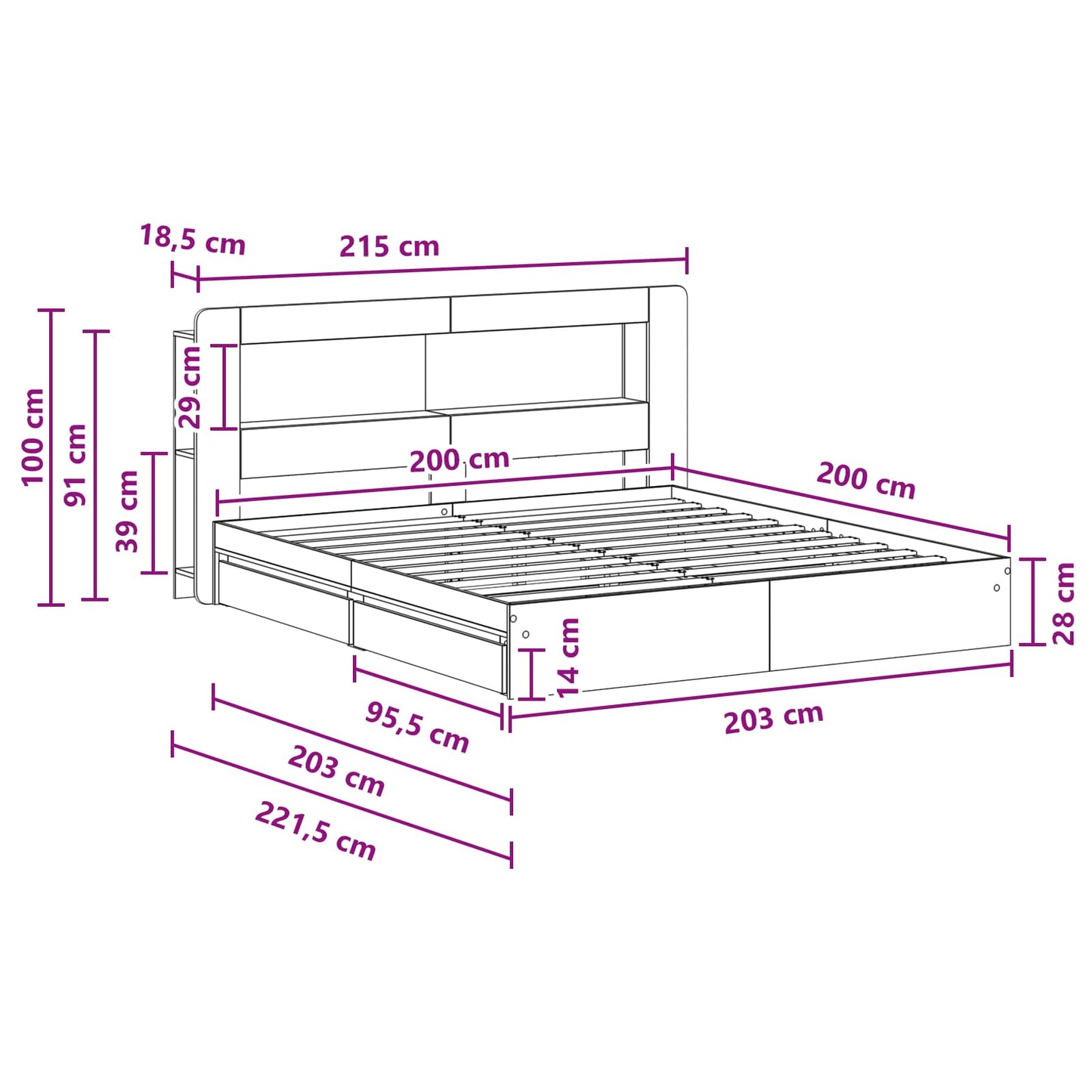 Bedframe met opslag Betongrijs 200 x 200 cm Bewerkt hout is nu te koop bij PeponiXL, paradijselijk wonen!