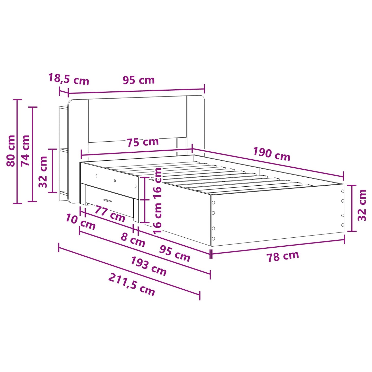 Bedframe met opslag Sonoma Eiken 75 x 190 cm Bewerkt hout is nu te koop bij PeponiXL, paradijselijk wonen!