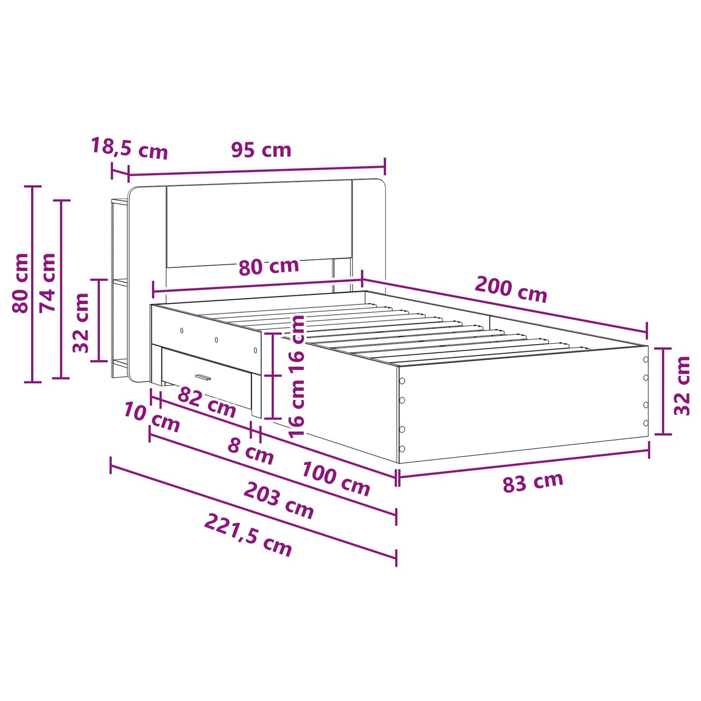 Bedframe met opslag Gerookt eiken 80 x 200 cm Bewerkt hout is nu te koop bij PeponiXL, paradijselijk wonen!