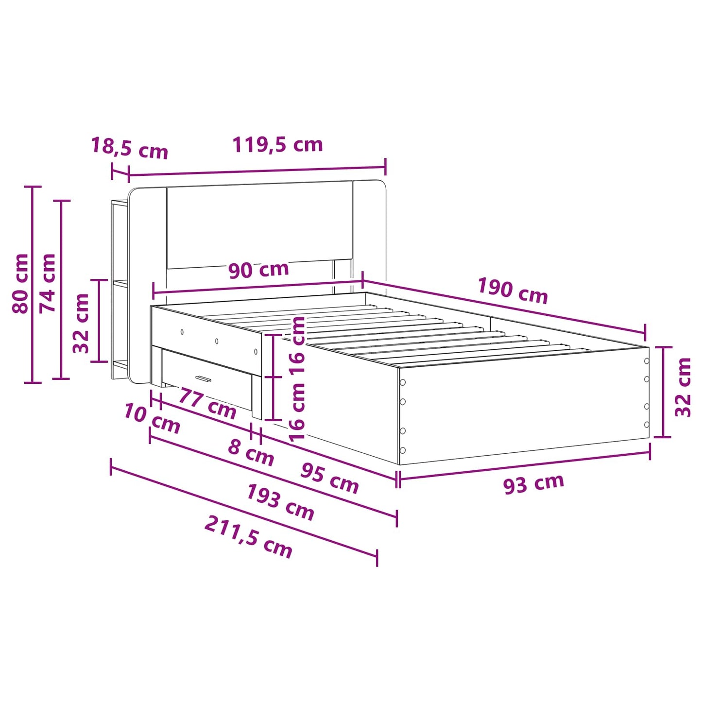 Bedframe met opslag Gerookt eiken 90 x 190 cm Bewerkt hout is nu te koop bij PeponiXL, paradijselijk wonen!