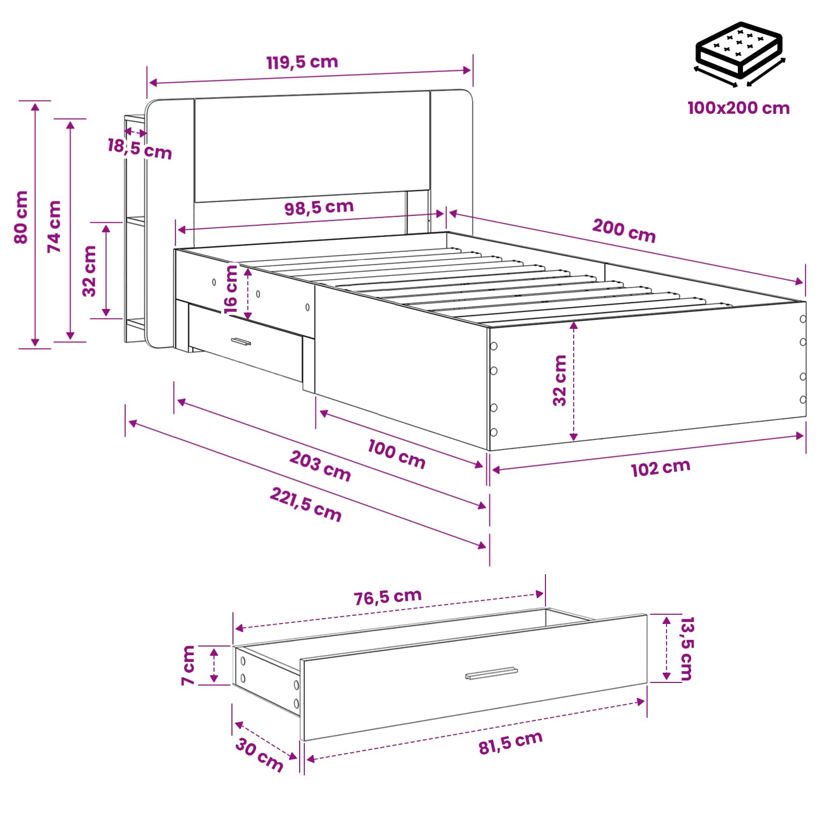 Bedframe met opslag Gerookt eiken 100 x 200 cm Bewerkt hout is nu te koop bij PeponiXL, paradijselijk wonen!