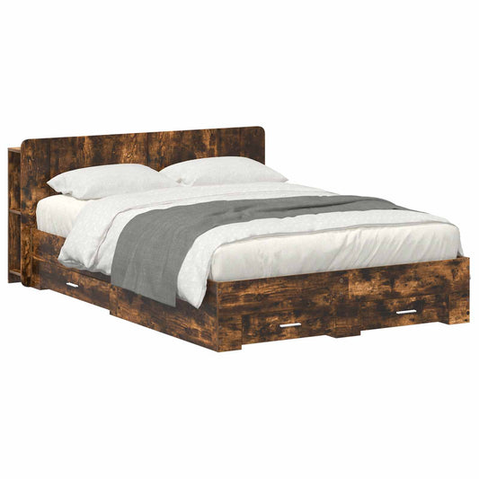 Bedframe met opslag Gerookt eiken 150 x 200 cm Bewerkt hout is nu te koop bij PeponiXL, paradijselijk wonen!