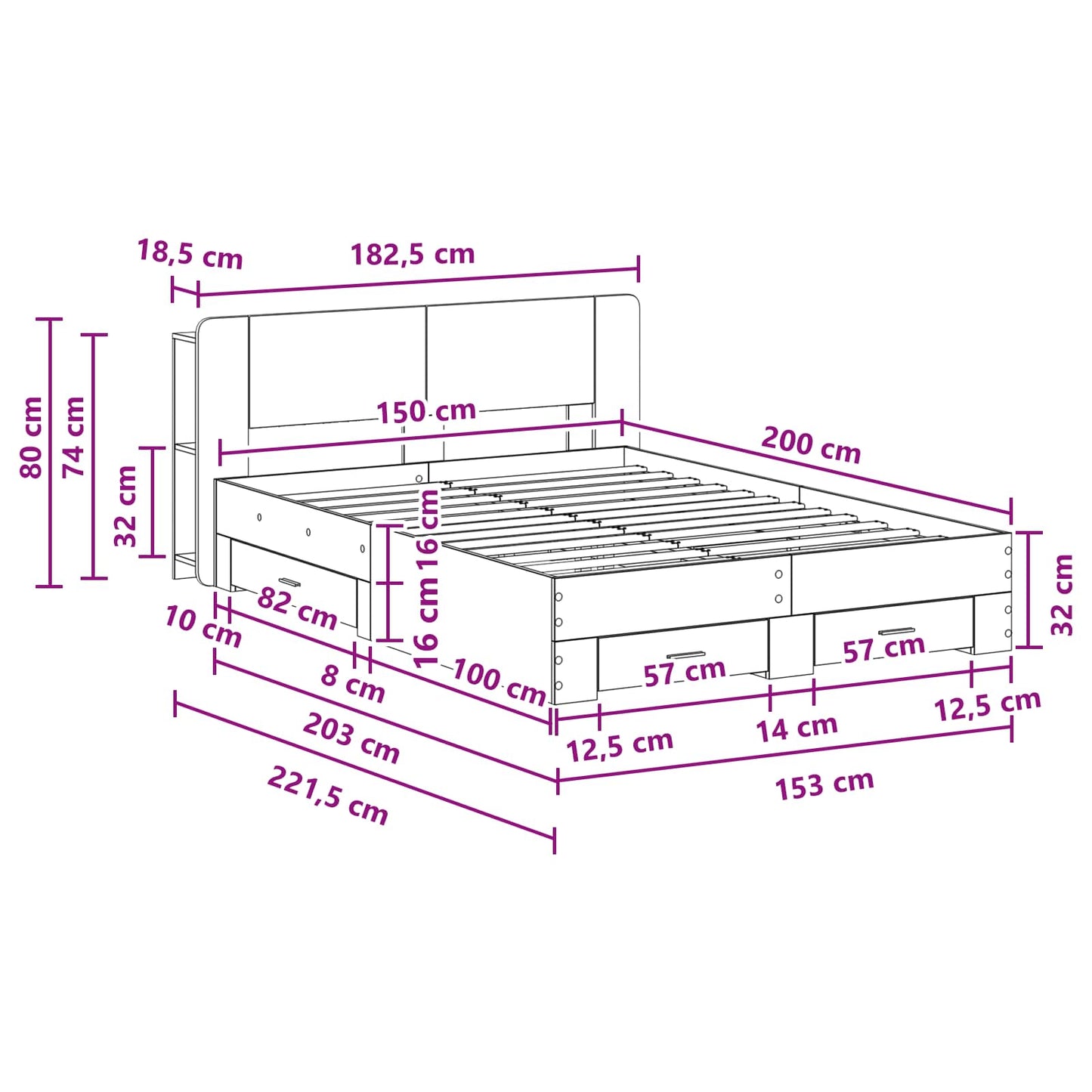 Bedframe met opslag Sonoma Eiken 150 x 200 cm Bewerkt hout is nu te koop bij PeponiXL, paradijselijk wonen!