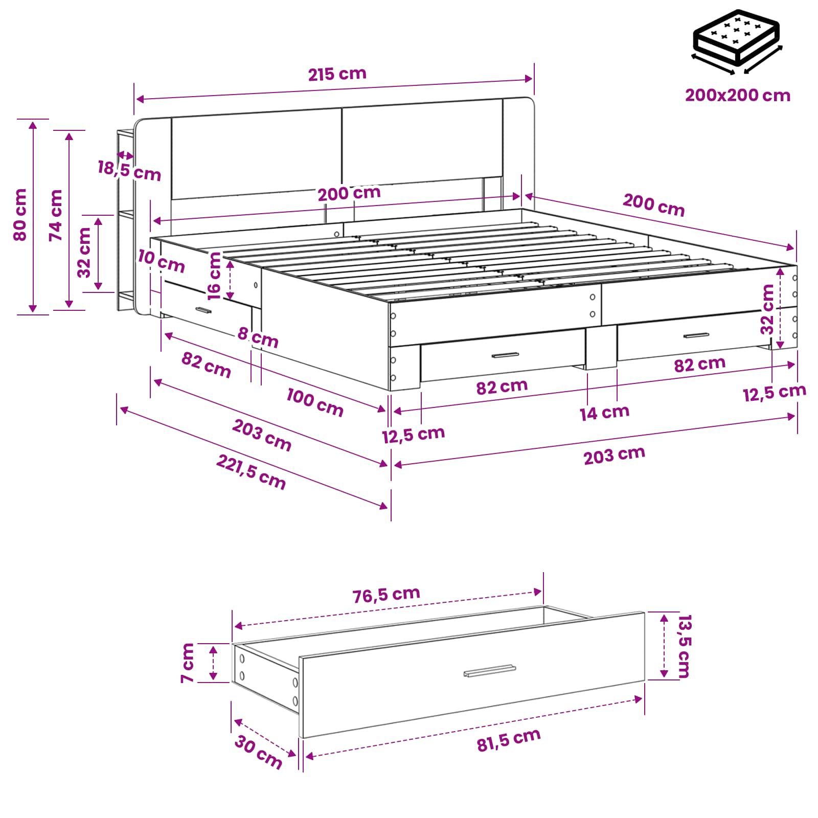 Bedframe met opslag Betongrijs 200 x 200 cm Bewerkt hout is nu te koop bij PeponiXL, paradijselijk wonen!