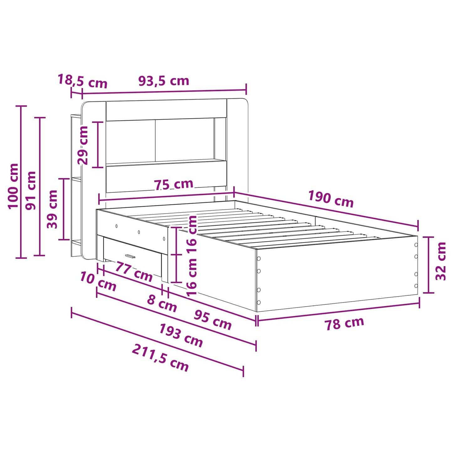 Bedframe met opslag Betongrijs 75 x 190 cm Bewerkt hout is nu te koop bij PeponiXL, paradijselijk wonen!