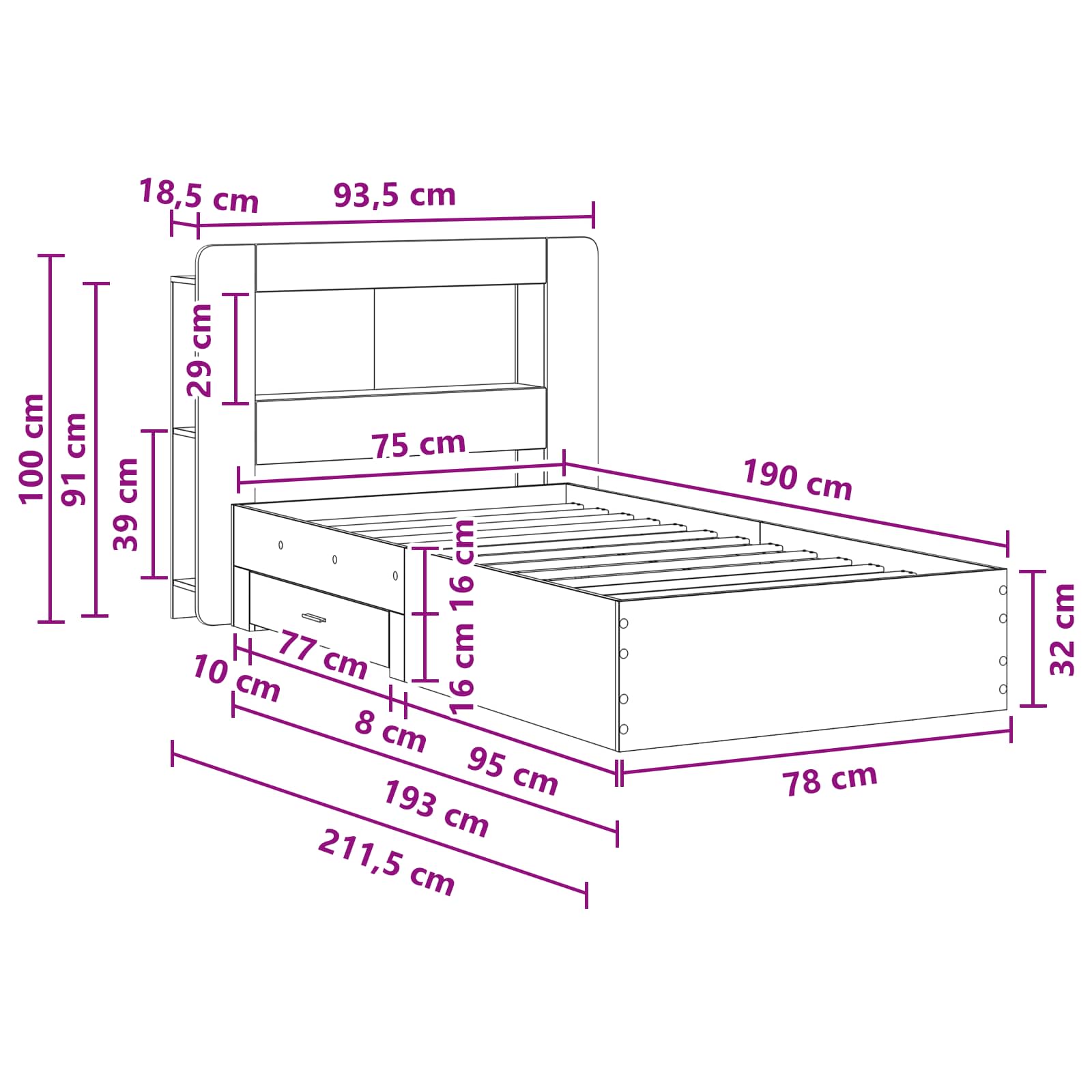 Bedframe met opslag Gerookt eiken 75 x 190 cm Bewerkt hout is nu te koop bij PeponiXL, paradijselijk wonen!