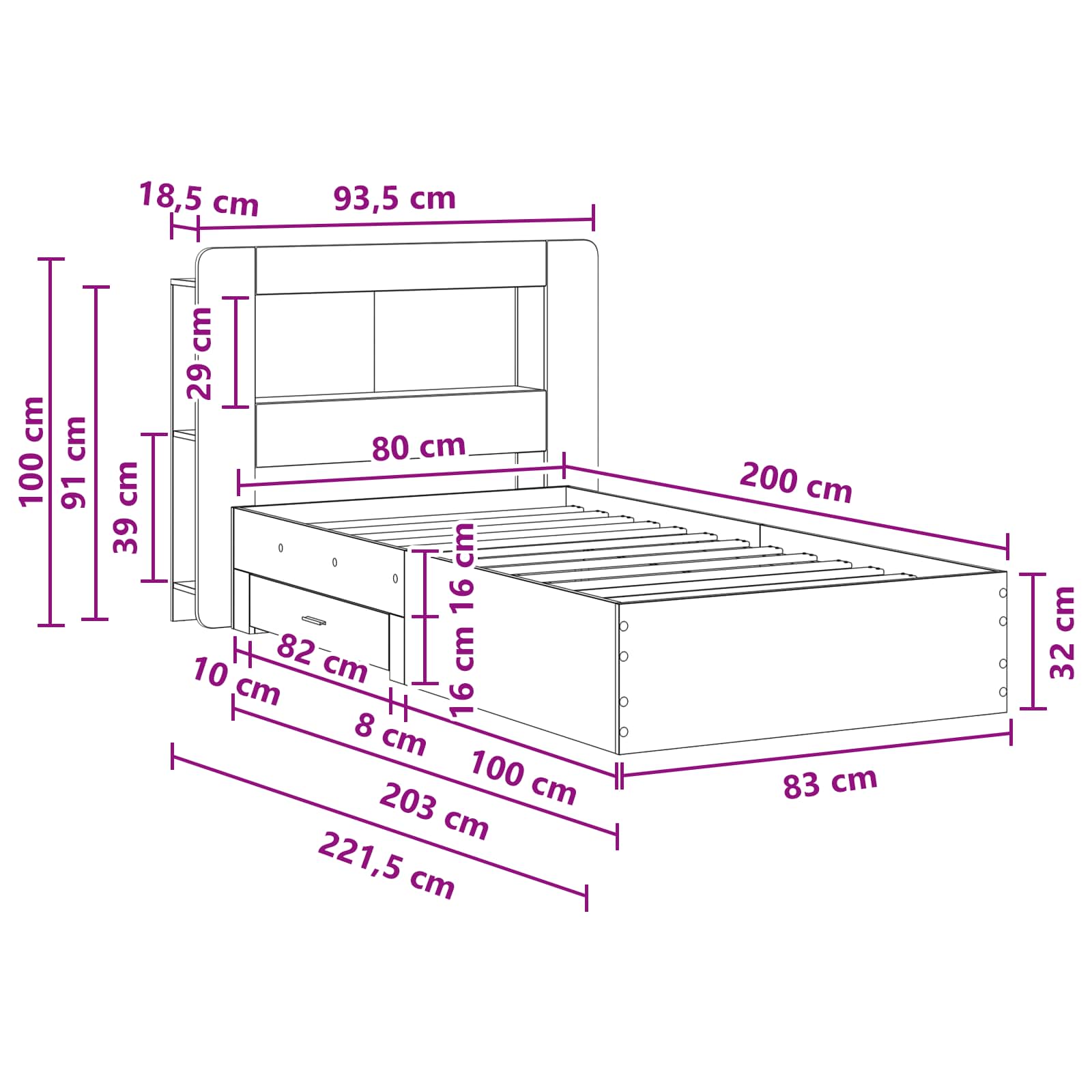 Bedframe met opslag Artisanaal eiken 80 x 200 cm Bewerkt hout is nu te koop bij PeponiXL, paradijselijk wonen!