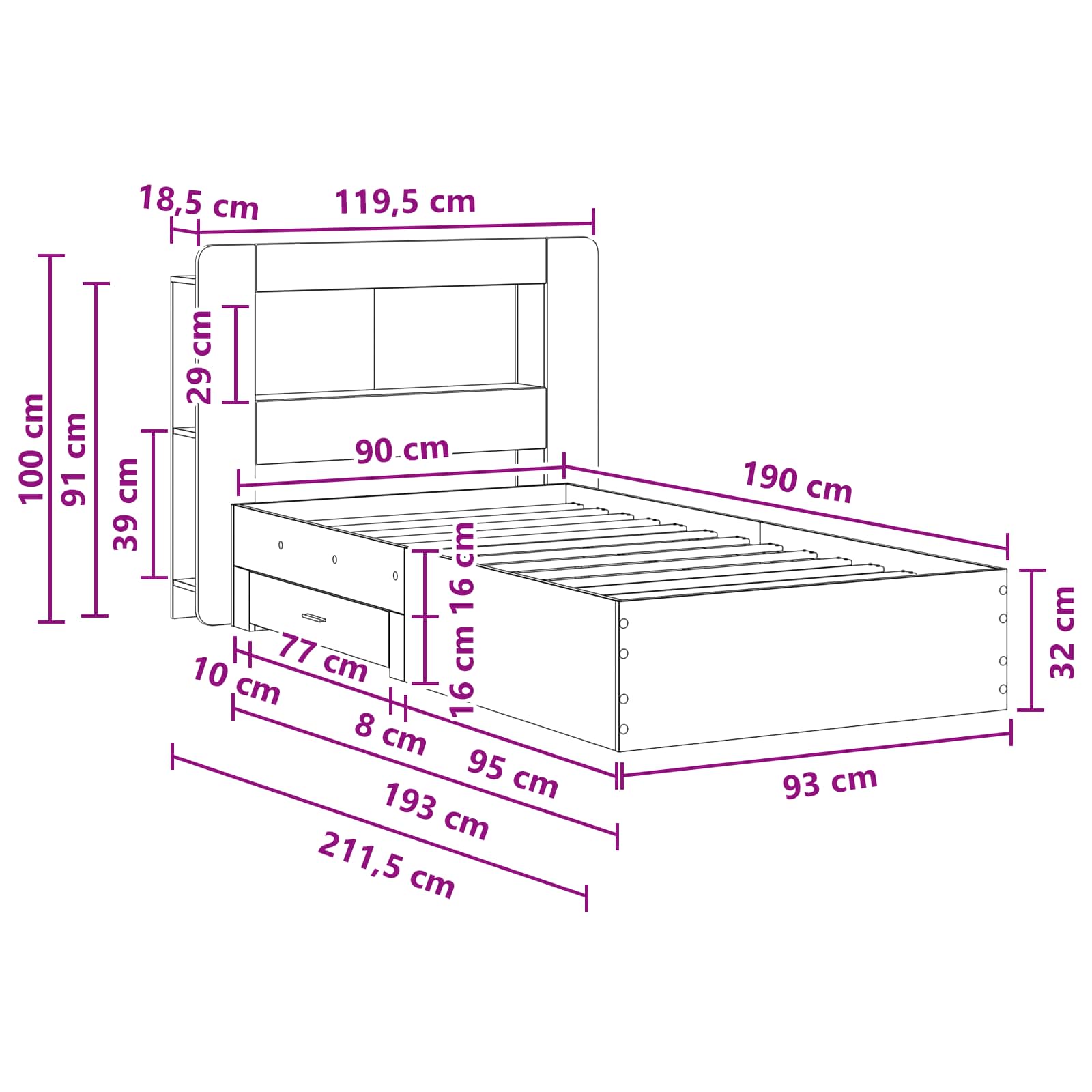 Bedframe met opslag Grijs Sonoma 90 x 190 cm Bewerkt hout is nu te koop bij PeponiXL, paradijselijk wonen!