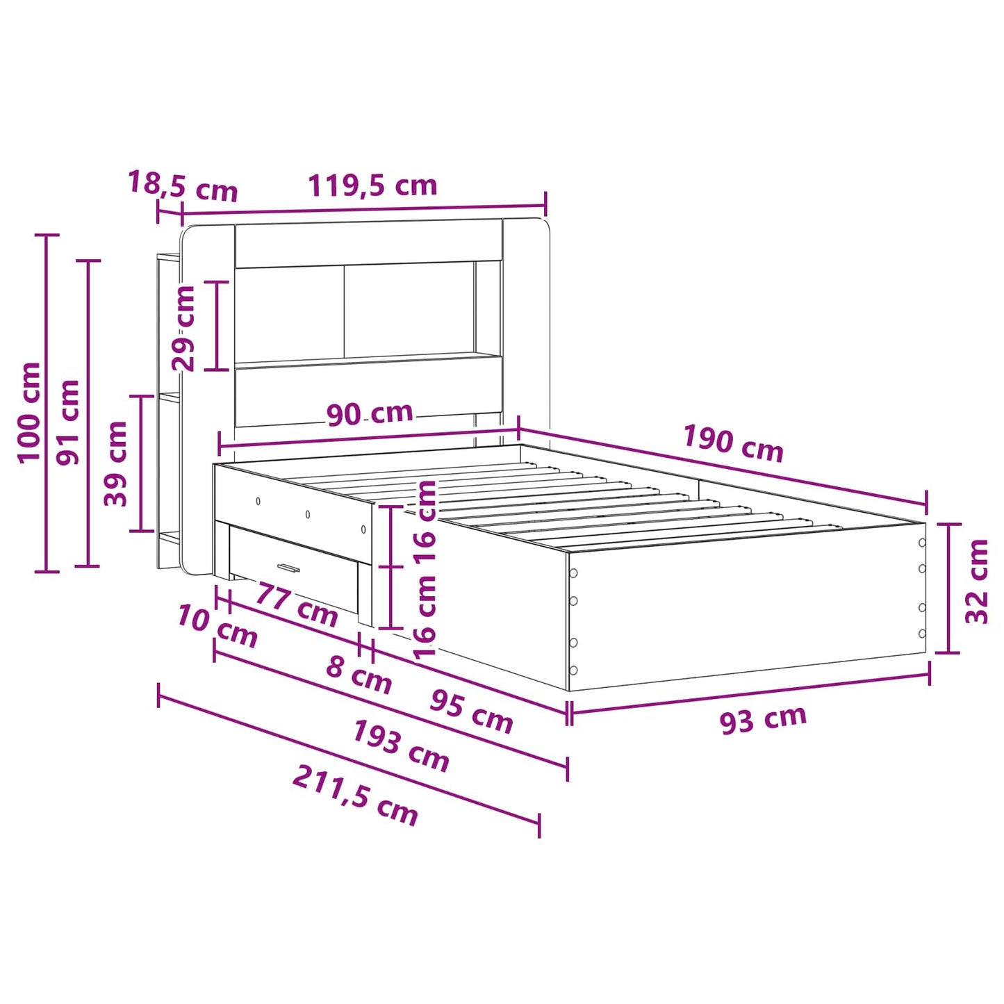 Bedframe met opslag Gerookt eiken 90 x 190 cm Bewerkt hout is nu te koop bij PeponiXL, paradijselijk wonen!