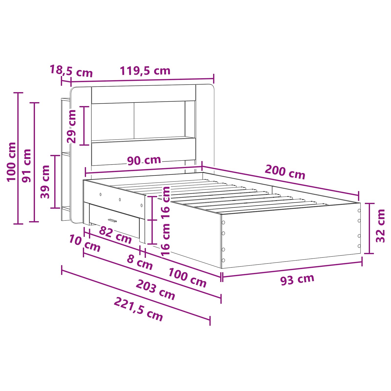 Bedframe met opslag Grijs Sonoma 90 x 200 cm Bewerkt hout is nu te koop bij PeponiXL, paradijselijk wonen!