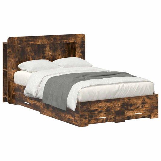 Bedframe met opslag Gerookt eiken 120 x 190 cm Bewerkt hout is nu te koop bij PeponiXL, paradijselijk wonen!