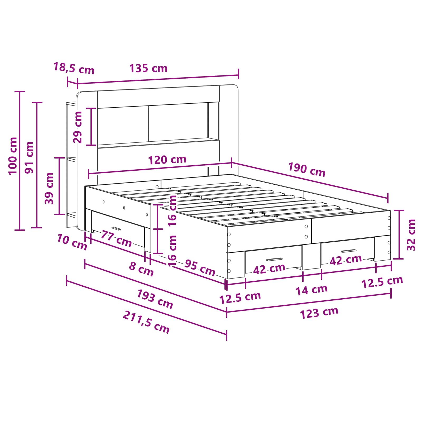 Bedframe met opslag Gerookt eiken 120 x 190 cm Bewerkt hout is nu te koop bij PeponiXL, paradijselijk wonen!