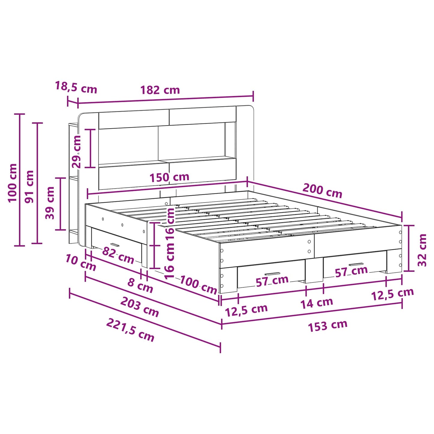 Bedframe met opslag Betongrijs 150 x 200 cm Bewerkt hout is nu te koop bij PeponiXL, paradijselijk wonen!