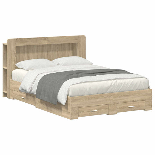 Bedframe met opslag Sonoma Eiken 150 x 200 cm Bewerkt hout is nu te koop bij PeponiXL, paradijselijk wonen!