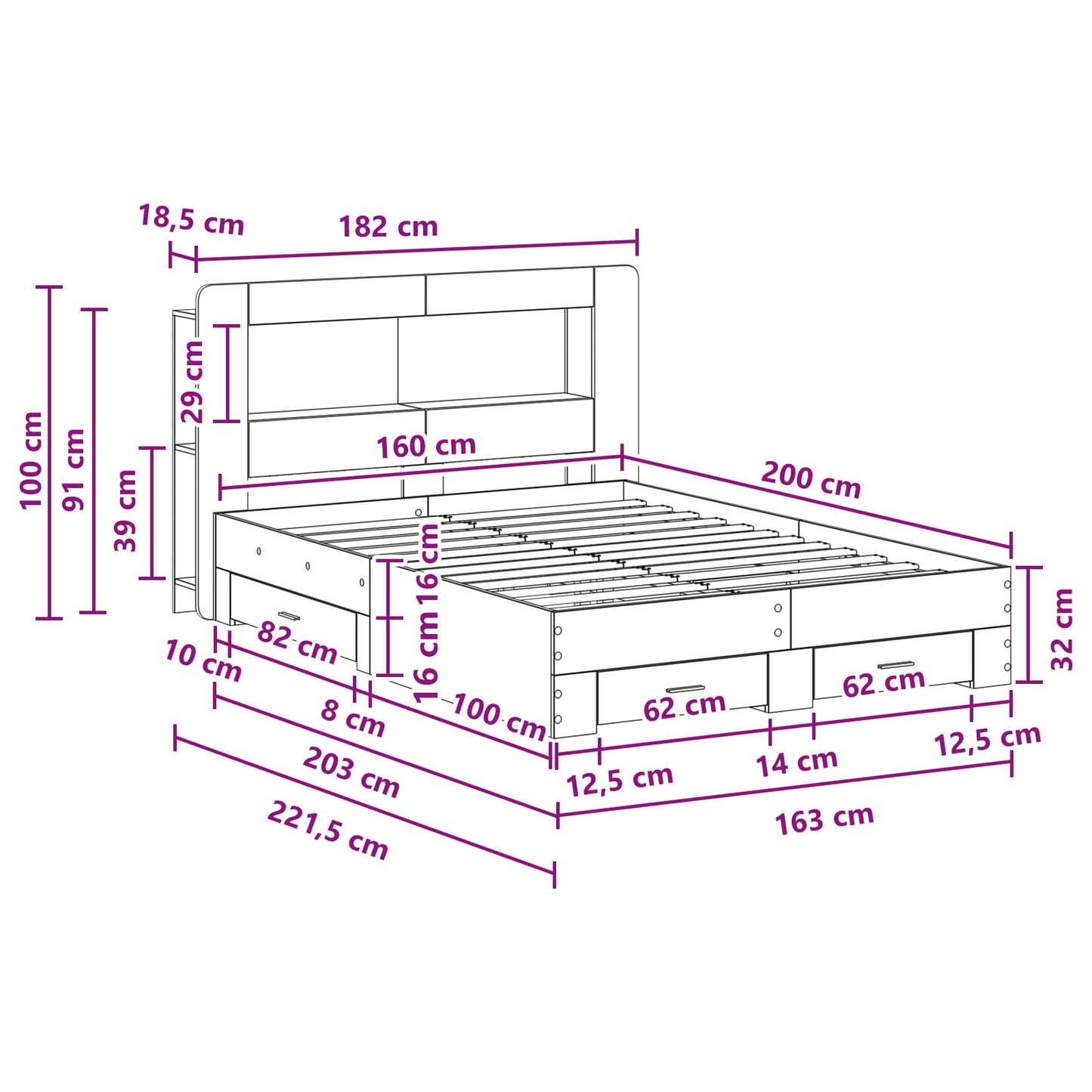 Bedframe met opslag Betongrijs 160 x 200 cm Bewerkt hout is nu te koop bij PeponiXL, paradijselijk wonen!