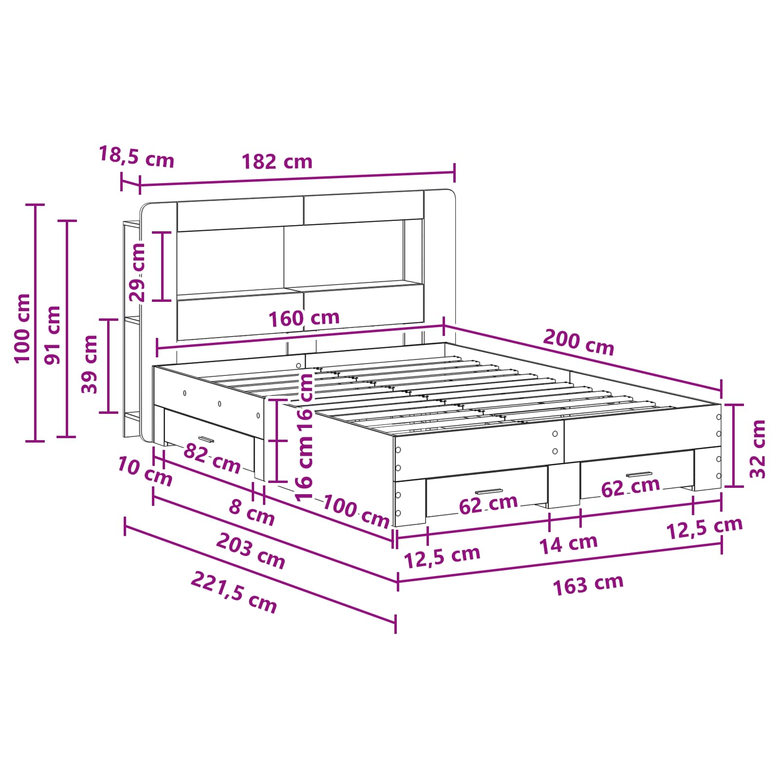 Bedframe met opslag Betongrijs 160 x 200 cm Bewerkt hout is nu te koop bij PeponiXL, paradijselijk wonen!