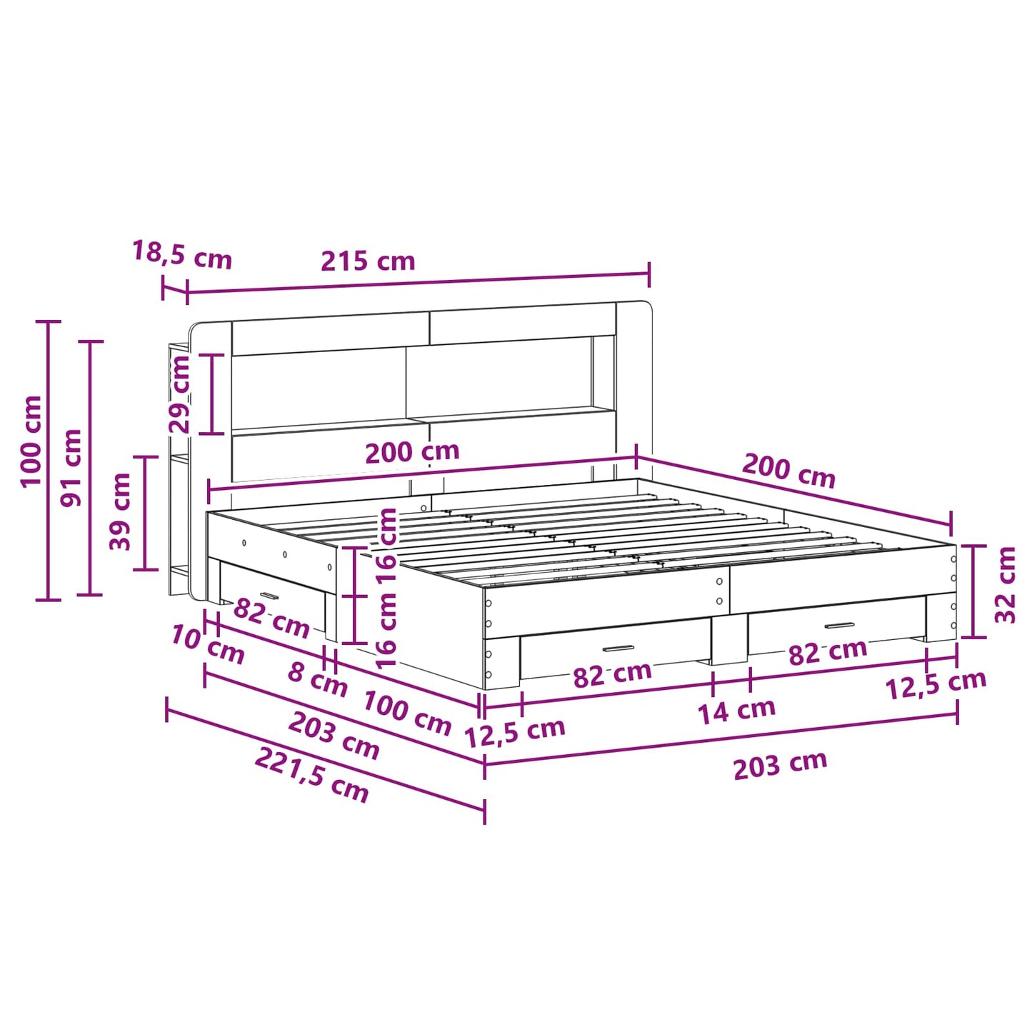 Bedframe met opslag Grijs Sonoma 200 x 200 cm Bewerkt hout is nu te koop bij PeponiXL, paradijselijk wonen!