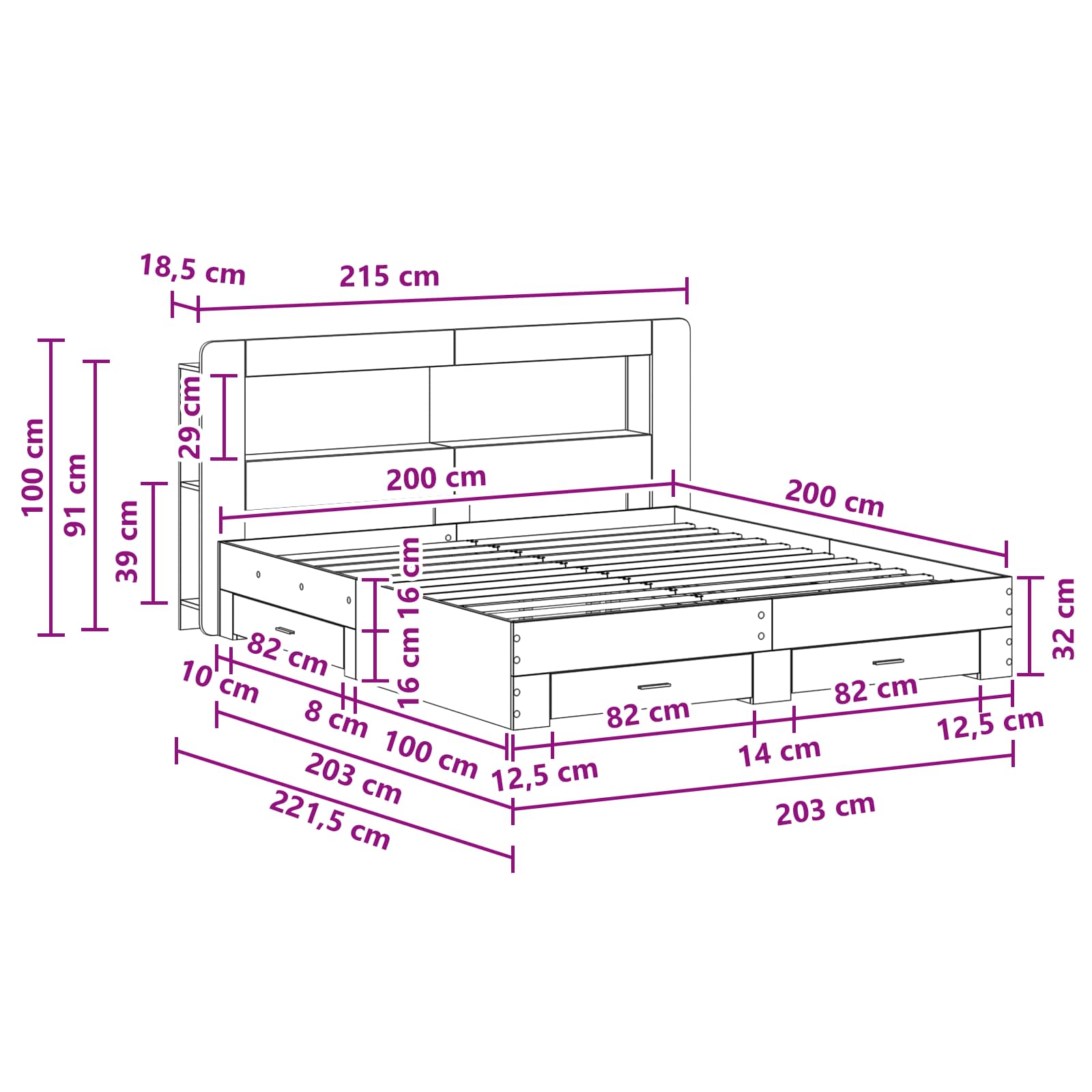 Bedframe met opslag Grijs Sonoma 200 x 200 cm Bewerkt hout is nu te koop bij PeponiXL, paradijselijk wonen!
