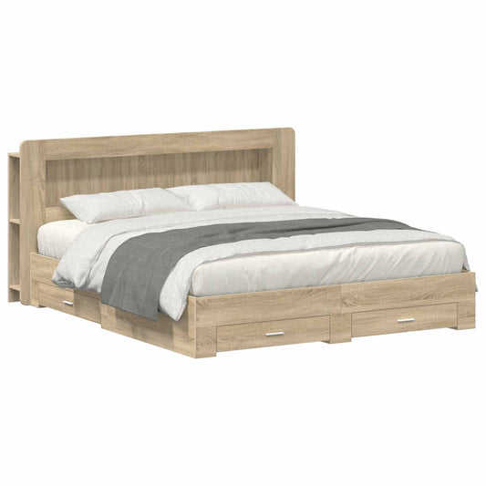 Bedframe met opslag Sonoma Eiken 200 x 200 cm Bewerkt hout is nu te koop bij PeponiXL, paradijselijk wonen!