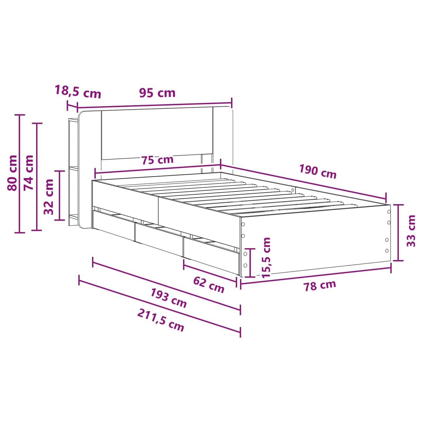 Bedframe met opslag Betongrijs 75 x 190 cm Bewerkt hout is nu te koop bij PeponiXL, paradijselijk wonen!