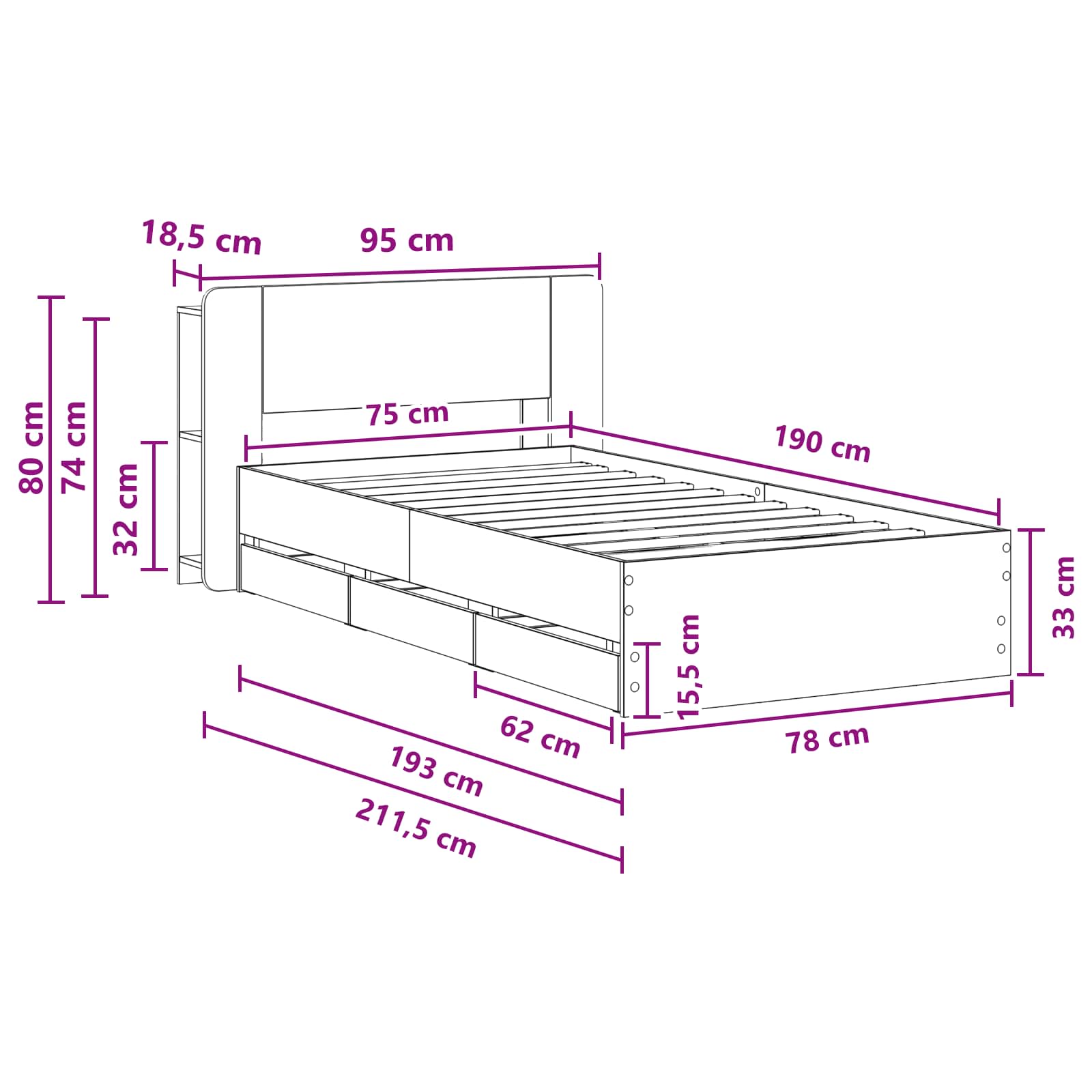 Bedframe met opslag Betongrijs 75 x 190 cm Bewerkt hout is nu te koop bij PeponiXL, paradijselijk wonen!