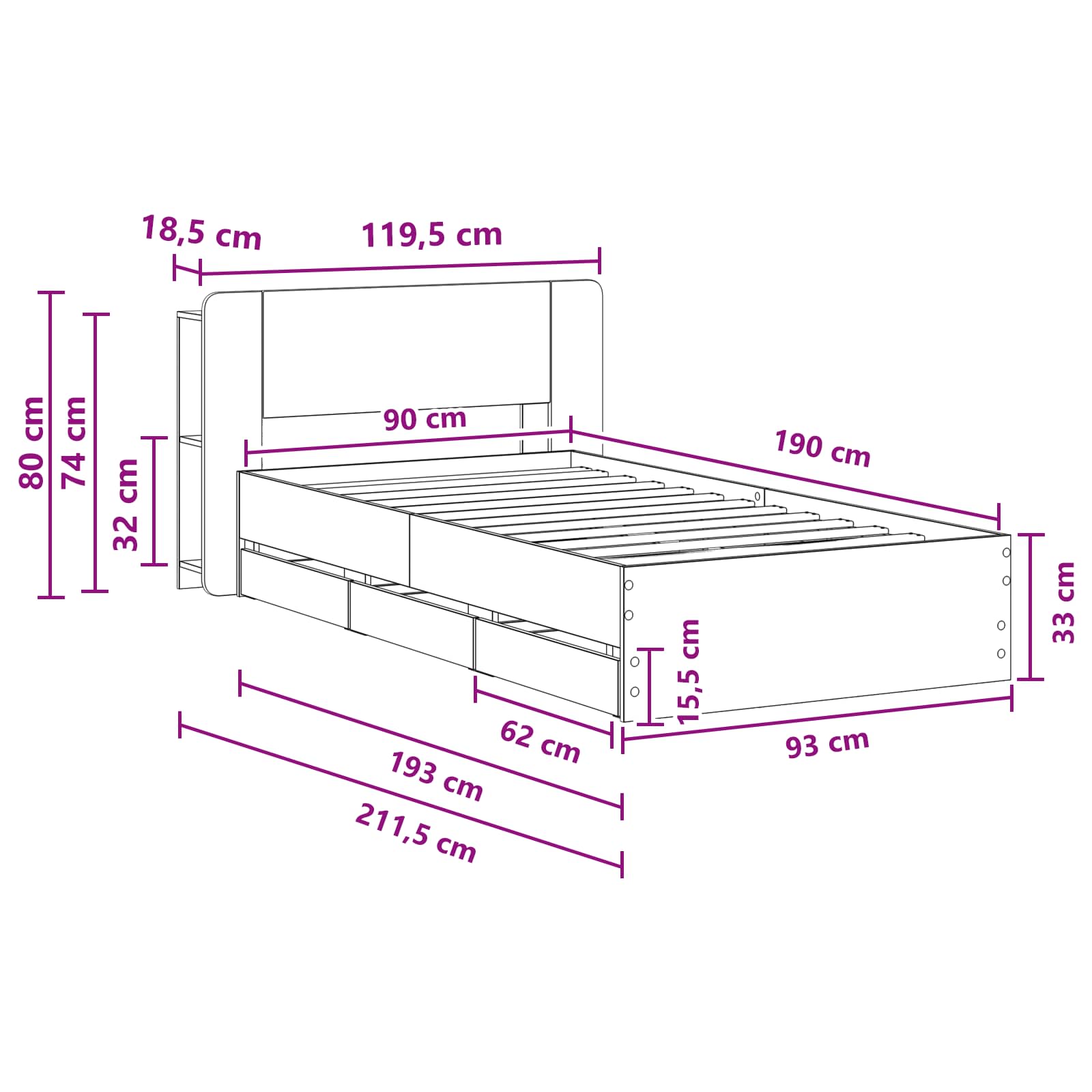Bedframe met opslag Gerookt eiken 90 x 190 cm Bewerkt hout is nu te koop bij PeponiXL, paradijselijk wonen!