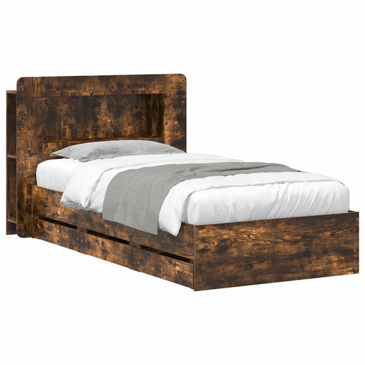 Bedframe met opslag Gerookt eiken 90 x 190 cm Bewerkt hout is nu te koop bij PeponiXL, paradijselijk wonen!