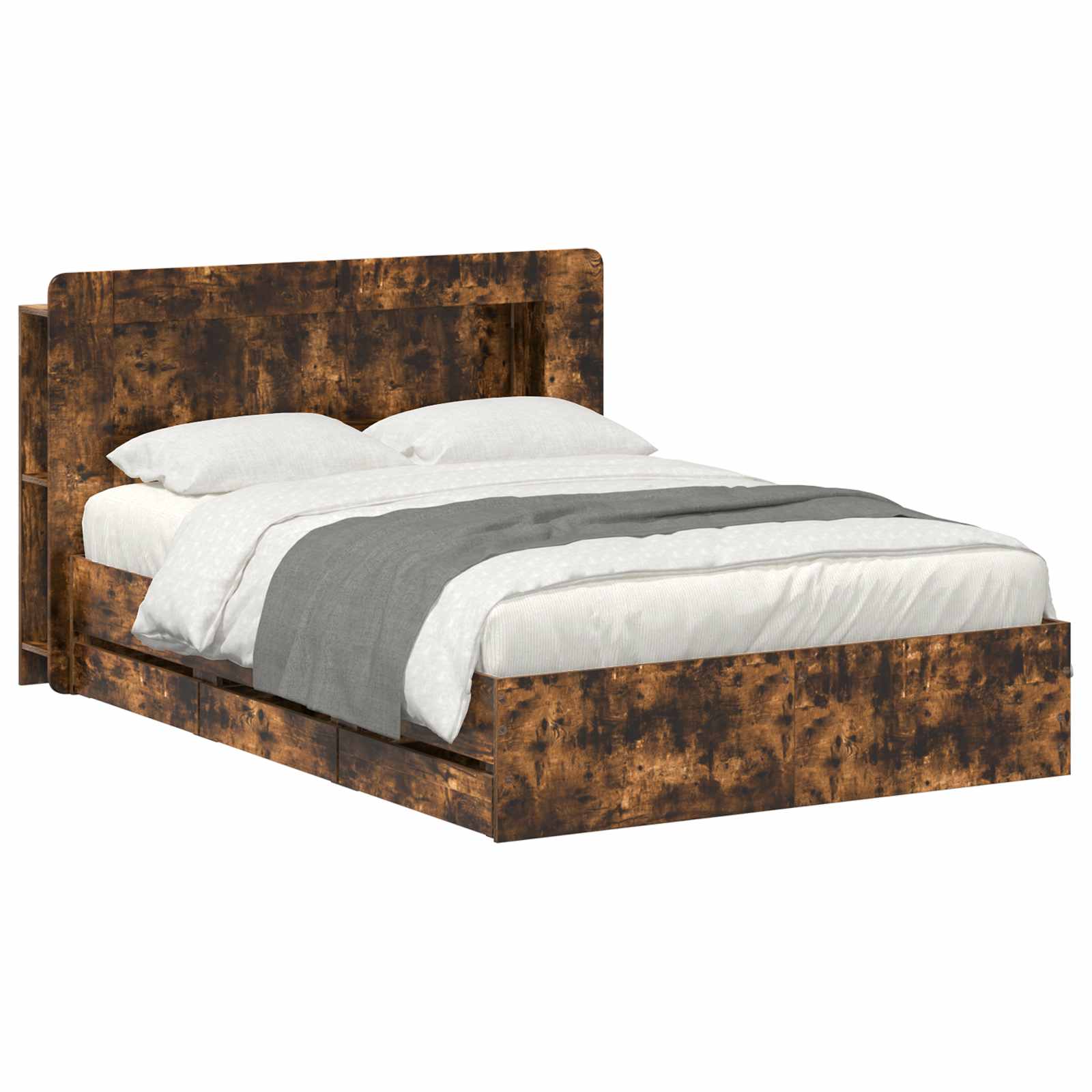Bedframe met opslag Gerookt eiken 135 x 190 cm Bewerkt hout is nu te koop bij PeponiXL, paradijselijk wonen!