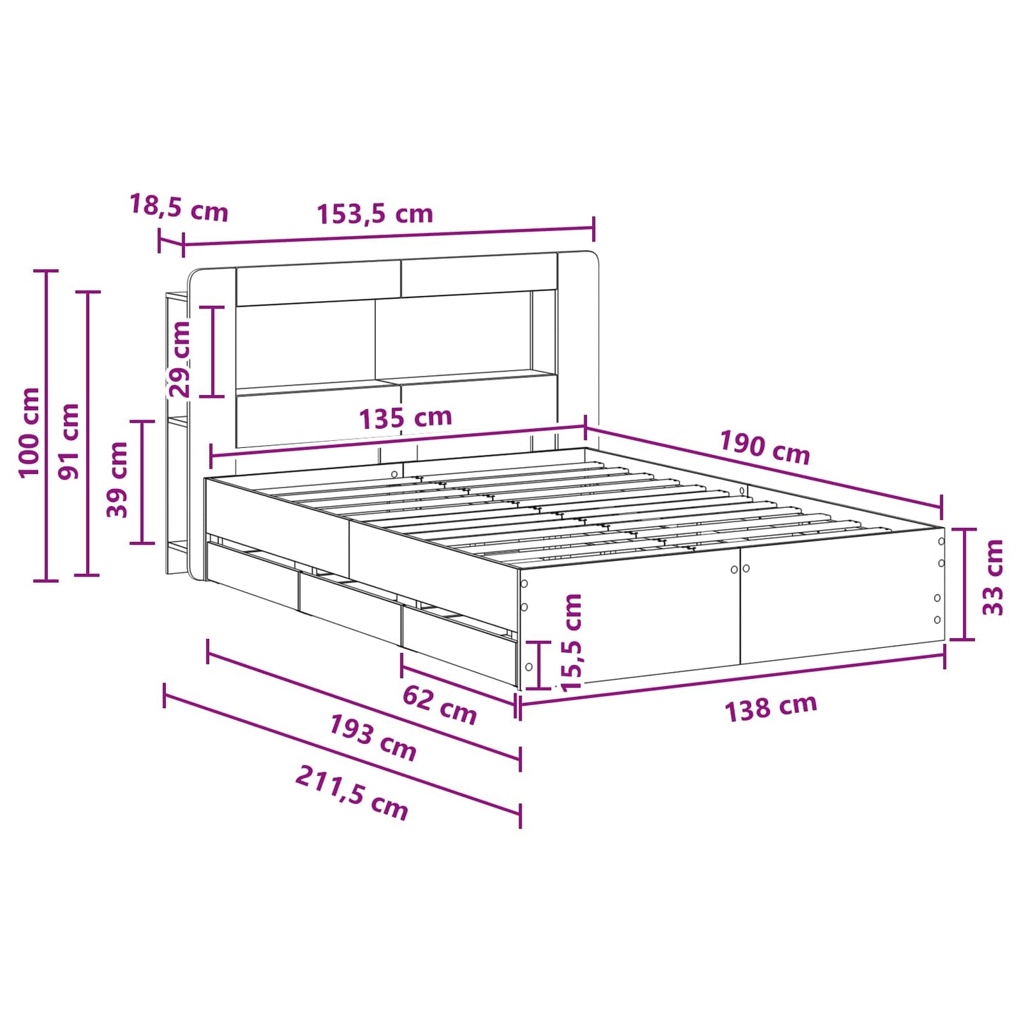 Bedframe met opslag Gerookt eiken 135 x 190 cm Bewerkt hout is nu te koop bij PeponiXL, paradijselijk wonen!