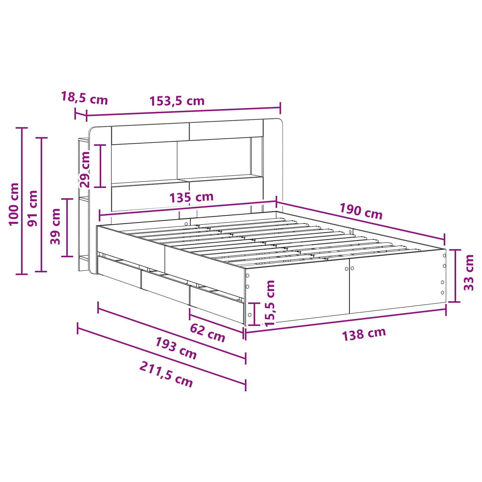 Bedframe met opslag Gerookt eiken 135 x 190 cm Bewerkt hout is nu te koop bij PeponiXL, paradijselijk wonen!