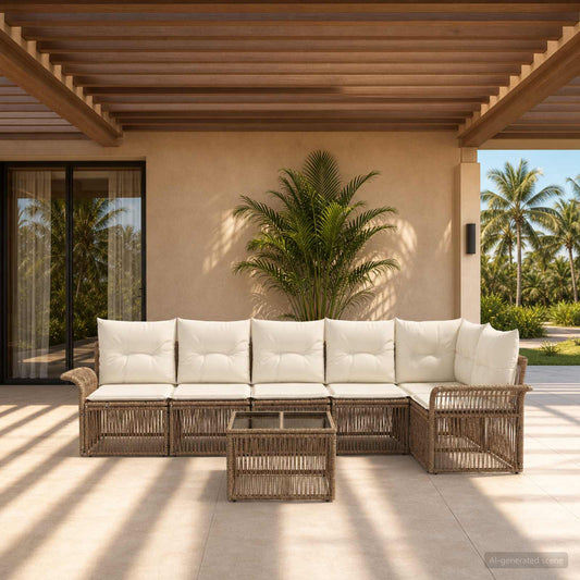 Tuinbankenset 7 pcs Beige poly rattan is nu te koop bij PeponiXL, paradijselijk wonen!