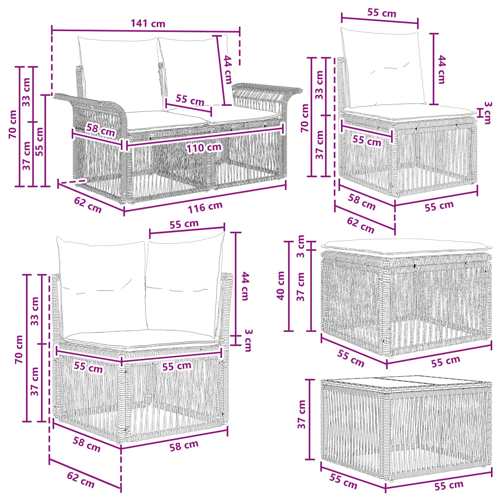 Tuinbankenset 7 pcs Zwart poly rattan is nu te koop bij PeponiXL, paradijselijk wonen!