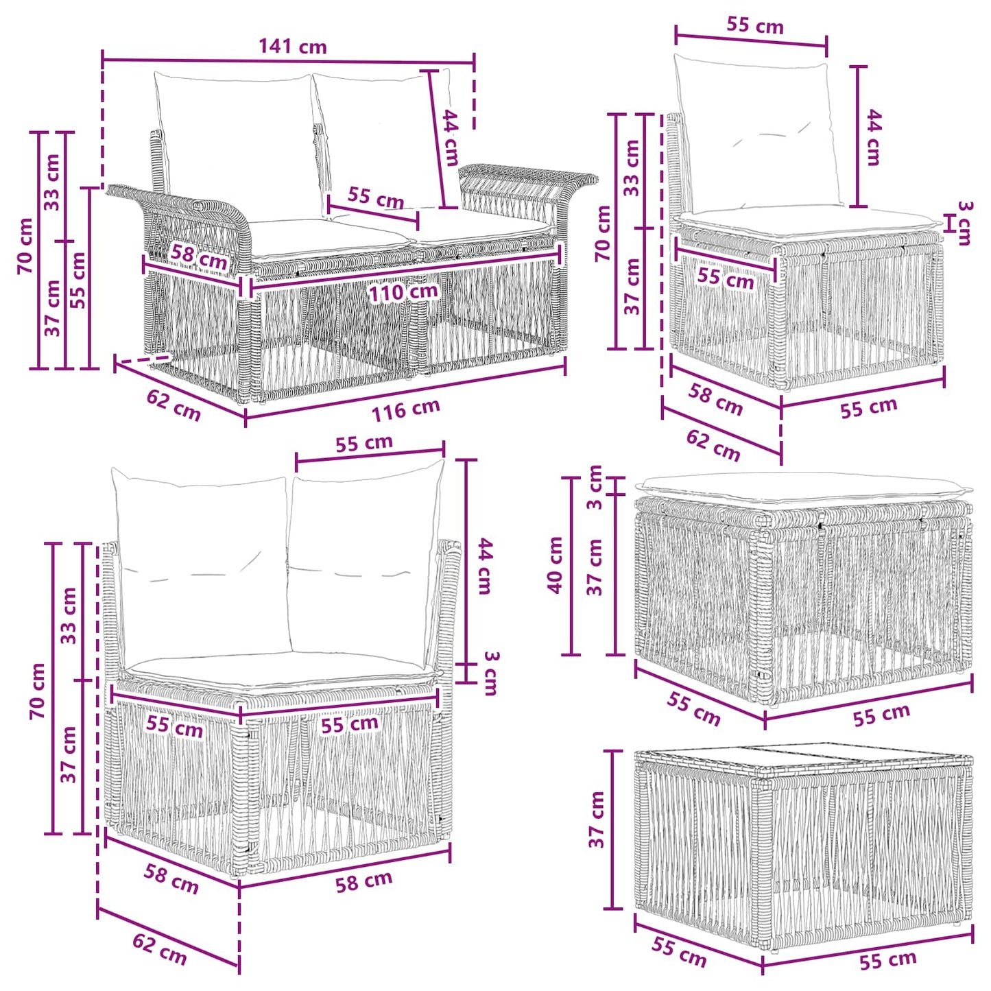 Tuinbankenset 8 pcs Zwart poly rattan is nu te koop bij PeponiXL, paradijselijk wonen!