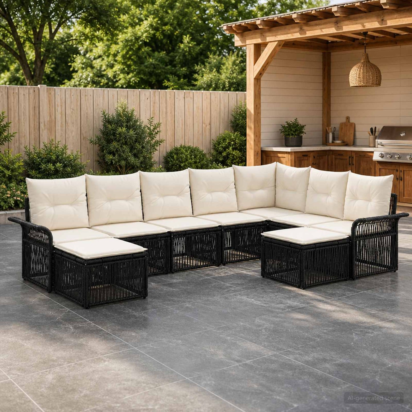 Tuinbankenset 9 pcs Zwart en Cream Wit poly rattan is nu te koop bij PeponiXL, paradijselijk wonen!