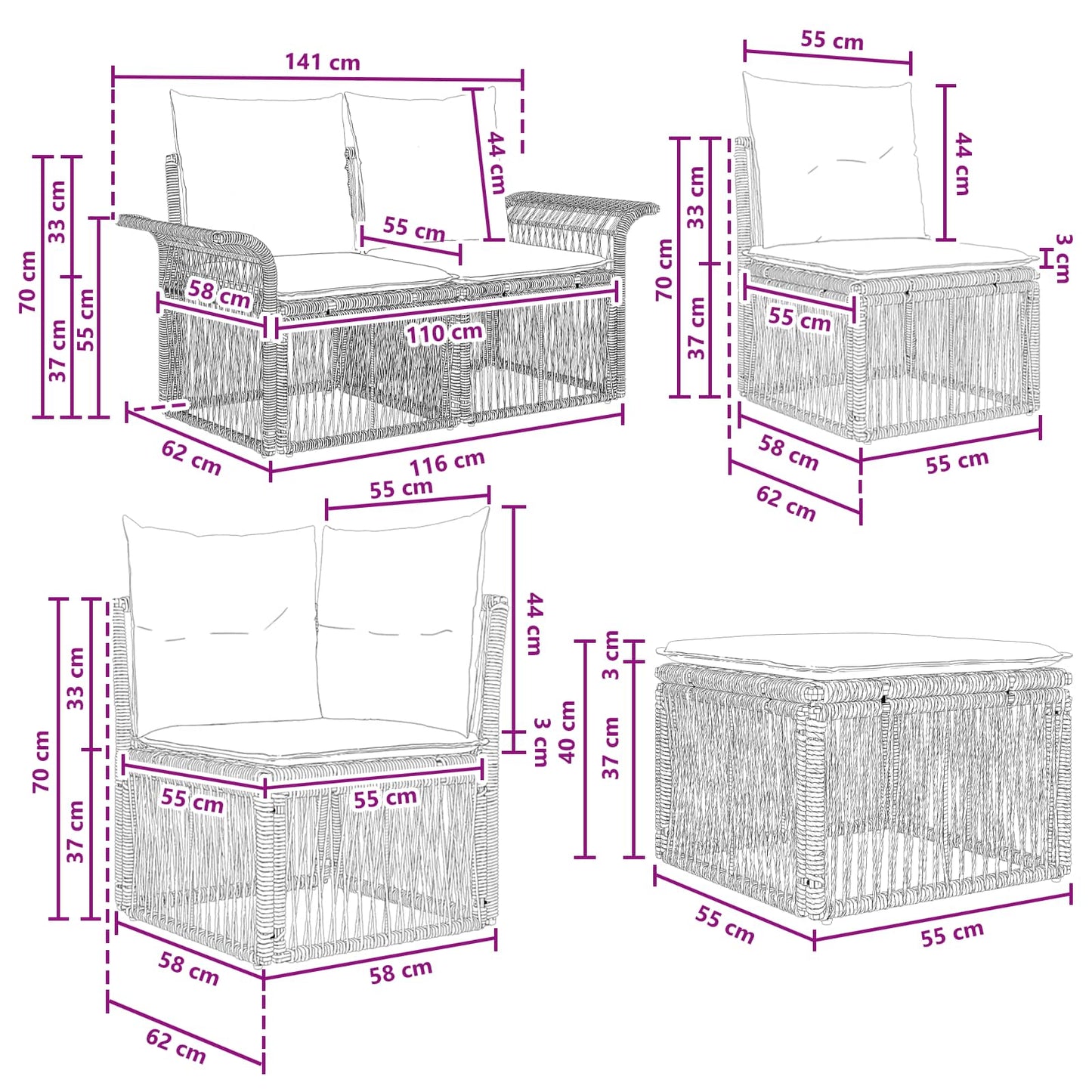 Tuinbankenset 9 pcs Zwart en Cream Wit poly rattan is nu te koop bij PeponiXL, paradijselijk wonen!