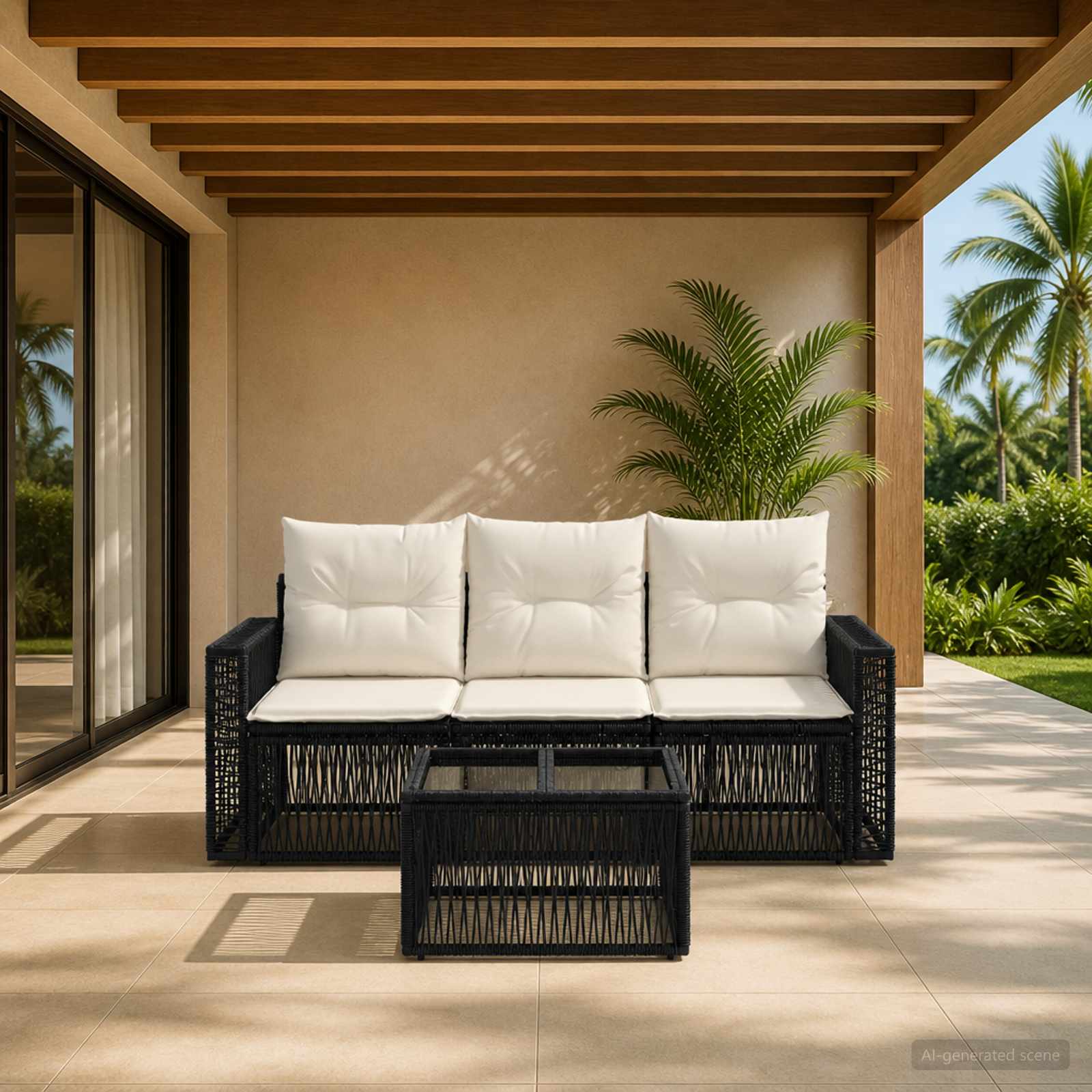 Tuinbankenset 4 pcs Zwart en Cream Wit poly rattan is nu te koop bij PeponiXL, paradijselijk wonen!