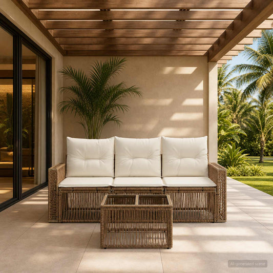 Tuinbankenset 4 pcs Beige en Crème Wit poly rattan is nu te koop bij PeponiXL, paradijselijk wonen!