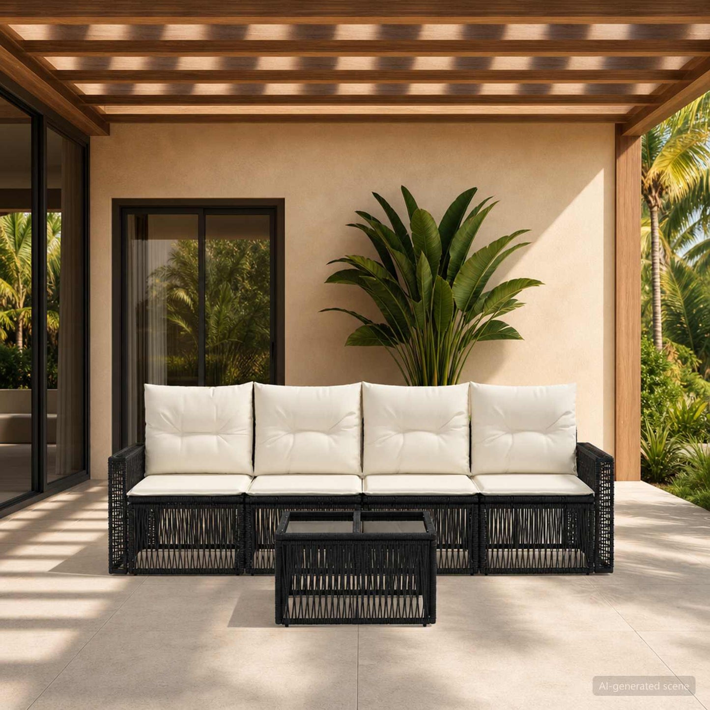 Tuinbankenset 5 pcs Zwart en Cream Wit poly rattan is nu te koop bij PeponiXL, paradijselijk wonen!