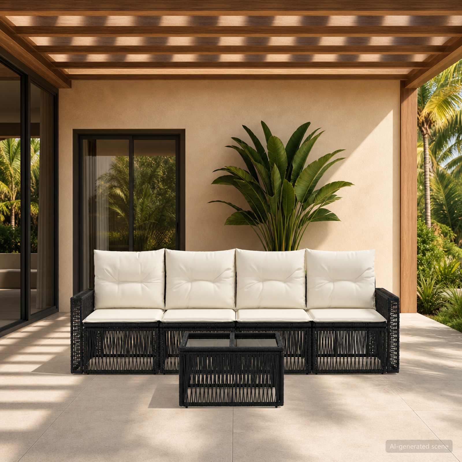 Tuinbankenset 5 pcs Zwart en Cream Wit poly rattan is nu te koop bij PeponiXL, paradijselijk wonen!