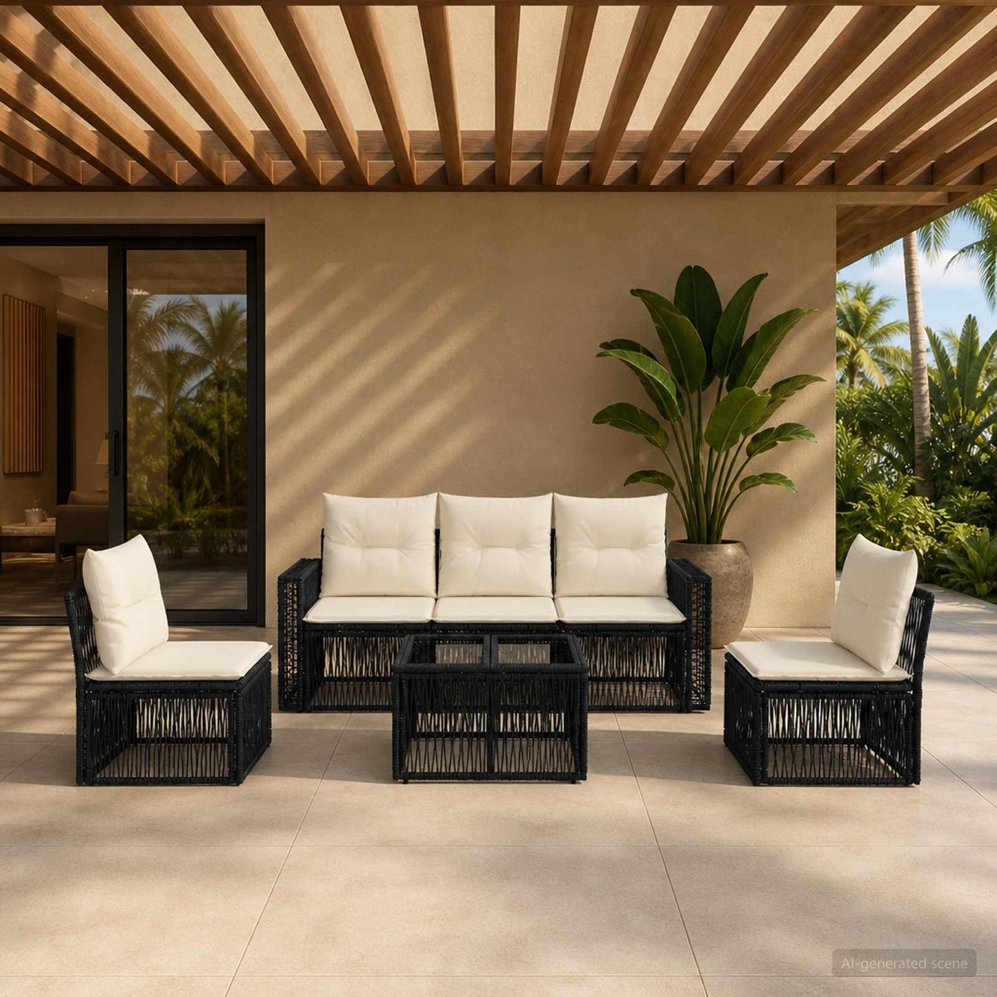Tuinbankenset 6 pcs Zwart en Cream Wit poly rattan is nu te koop bij PeponiXL, paradijselijk wonen!