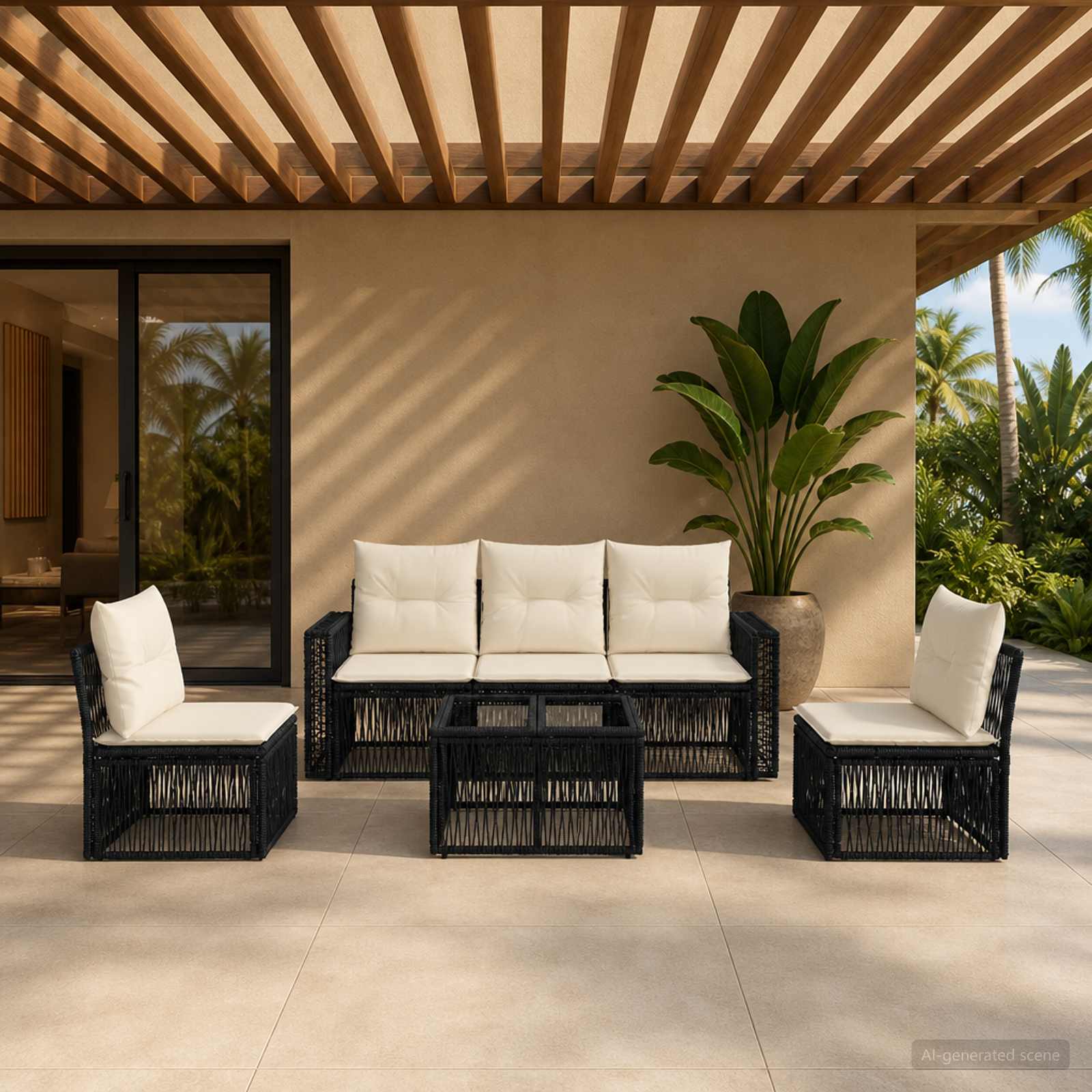 Tuinbankenset 6 pcs Zwart en Cream Wit poly rattan is nu te koop bij PeponiXL, paradijselijk wonen!