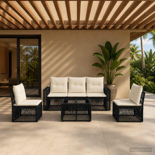Tuinbankenset 6 pcs Zwart en Cream Wit poly rattan is nu te koop bij PeponiXL, paradijselijk wonen!