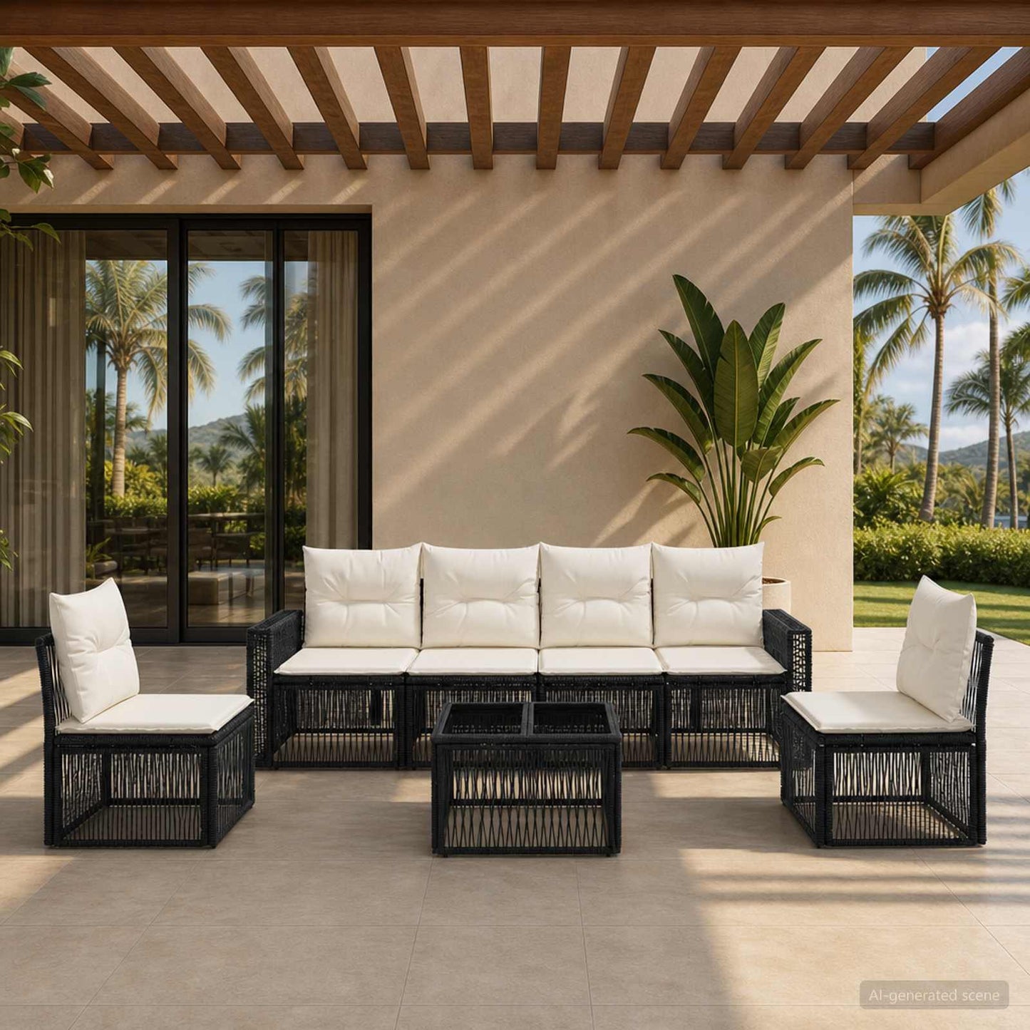 Tuinbankenset 7 pcs Zwart en Cream Wit poly rattan is nu te koop bij PeponiXL, paradijselijk wonen!
