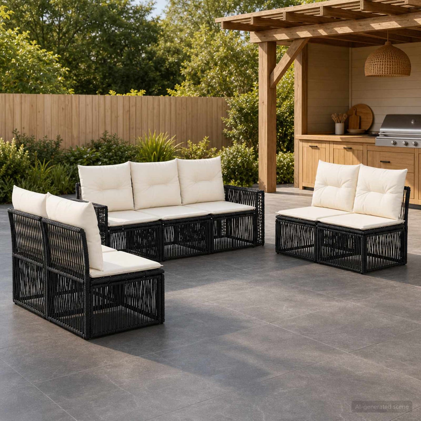 Tuinbankenset 7 pcs Zwart en Cream Wit poly rattan is nu te koop bij PeponiXL, paradijselijk wonen!