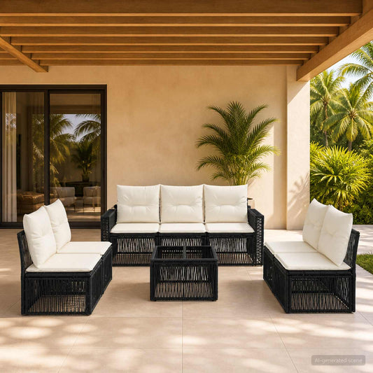 Tuinbankenset 8 pcs Zwart en Cream Wit poly rattan is nu te koop bij PeponiXL, paradijselijk wonen!