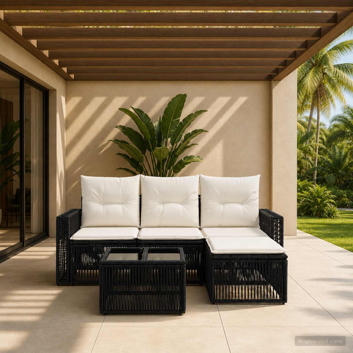 Tuinbankenset 5 pcs Zwart en Cream Wit poly rattan is nu te koop bij PeponiXL, paradijselijk wonen!