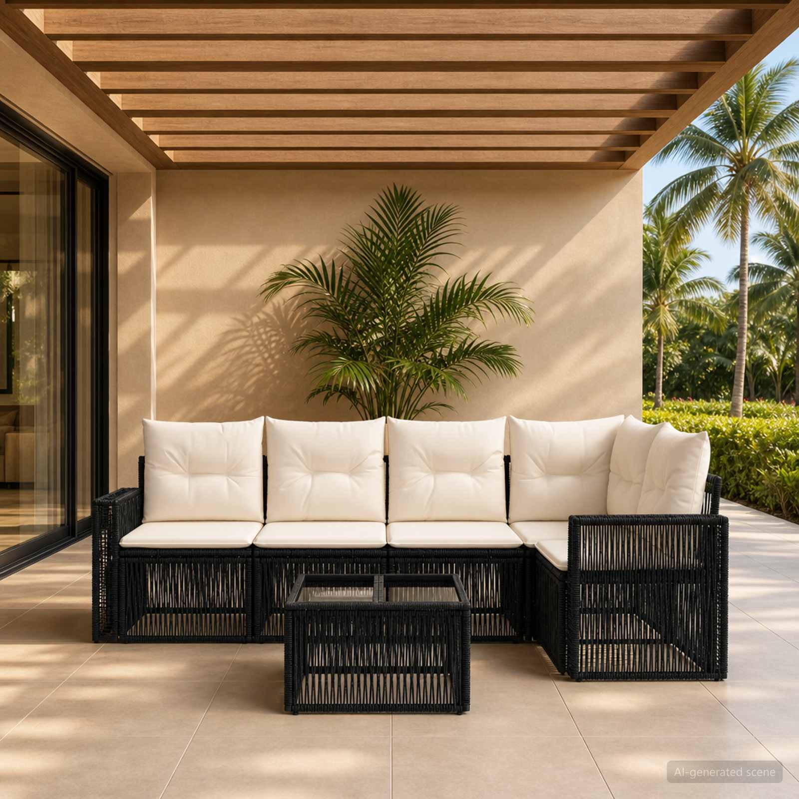 Tuinbankenset 6 pcs Zwart en Cream Wit poly rattan is nu te koop bij PeponiXL, paradijselijk wonen!