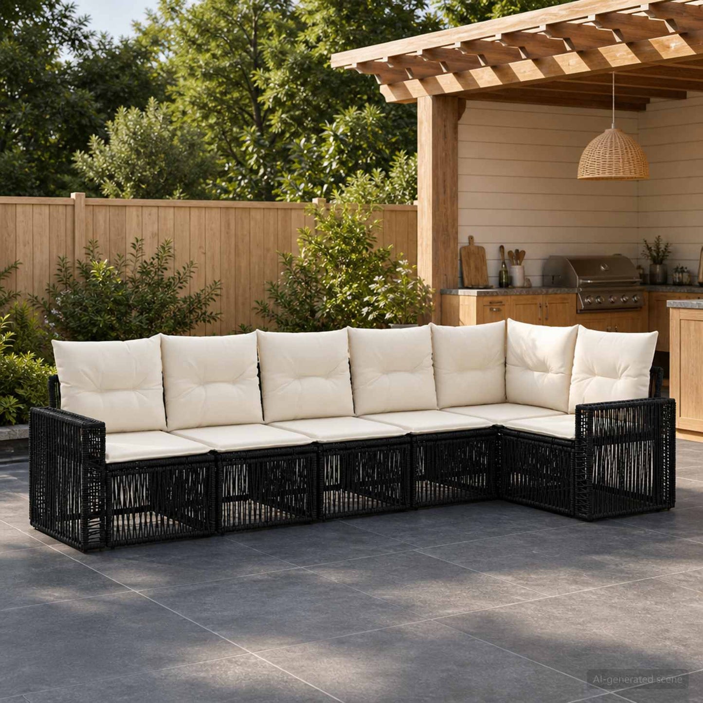 Tuinbankenset 6 pcs Zwart en Cream Wit poly rattan is nu te koop bij PeponiXL, paradijselijk wonen!