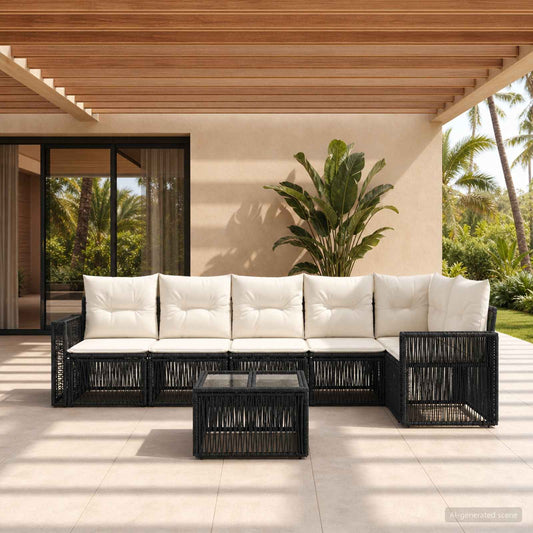 Tuinbankenset 7 pcs Zwart en Cream Wit poly rattan is nu te koop bij PeponiXL, paradijselijk wonen!
