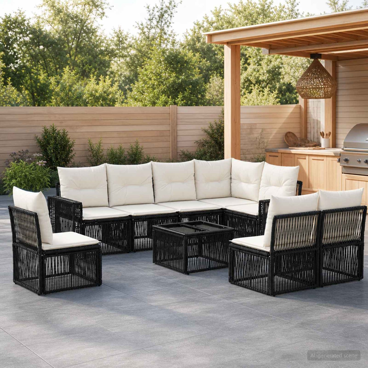 Tuinbankenset 9 pcs Zwart en Cream Wit poly rattan is nu te koop bij PeponiXL, paradijselijk wonen!